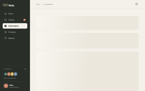 Nido after one interaction: the Calendar section shows only loading skeleton blocks, no content
